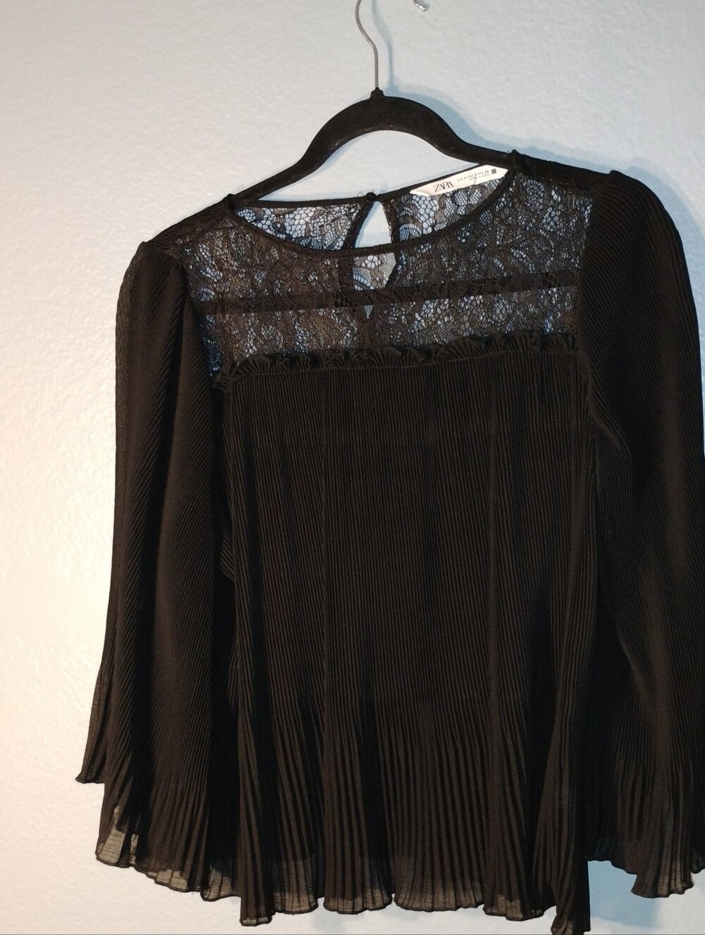 Zara Black Pleated Lace Yoke Long Sleeve Top